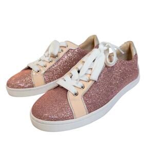 Christian Louboutin Seava Pink Glitter Red Sole Low Top Sneakers Size EU 37 1/2